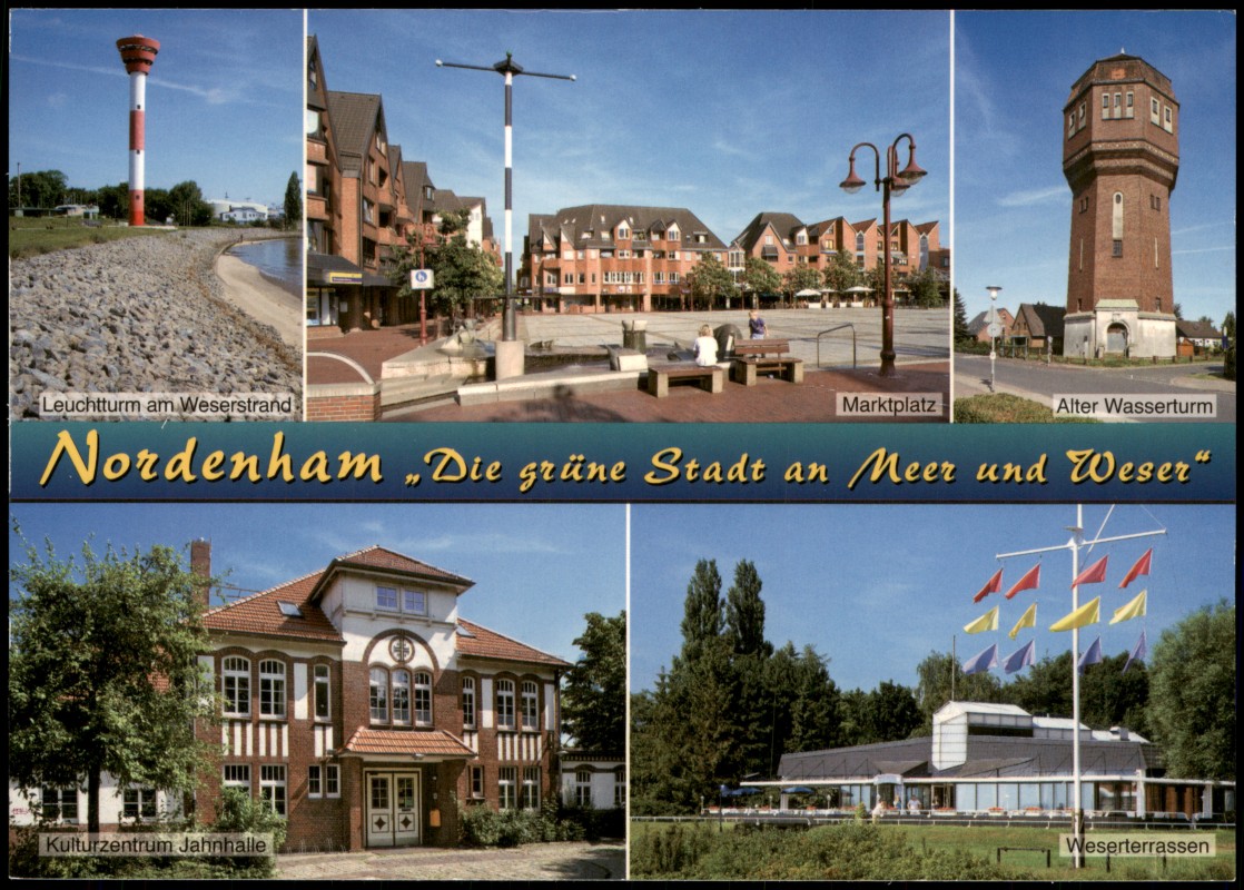 zoom: Image side vintage Postcard from 2000: Mehrbild-AK u.a. Leuchtturm am Weserstrand Marktplatz Alter Wasserturm:: Nordenham