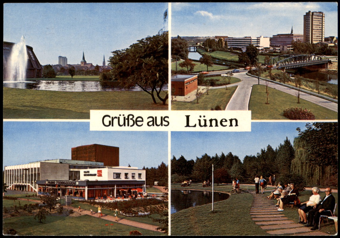 zoom: Image side vintage Postcard from 1970: Stadtteilansichten Lünen Brücke Springbrunnen Cafe Restaurant:: Lünen (Westfalen)