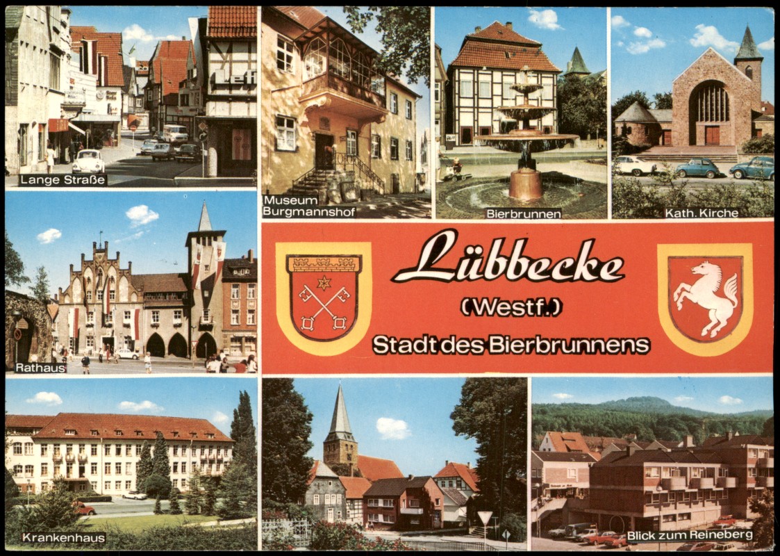 zoom: Image side vintage Postcard from 1974: Stadtteilansichten Lübbecke Museum Burgmannshof Bierbrunnen Kath. Kirche Rathaus:: Lübbecke (Westfalen)