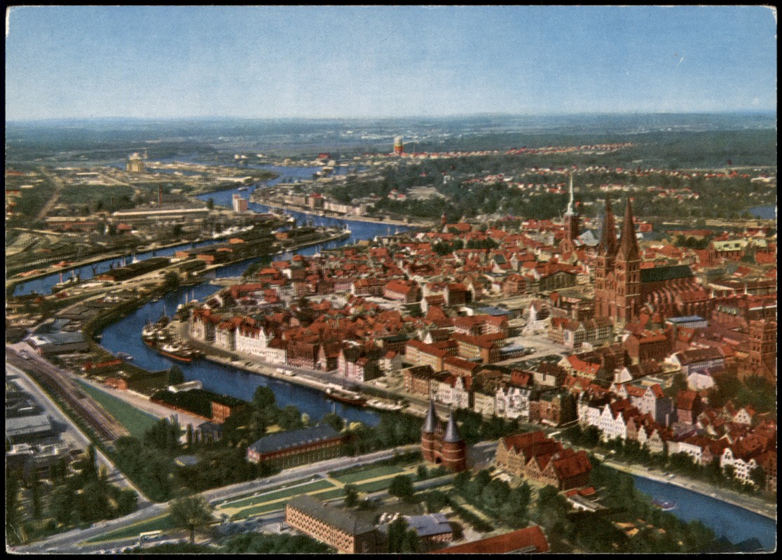 zoom: Image side vintage Postcard from 1965: Luftbild Fliegeraufnahme:: Lübeck