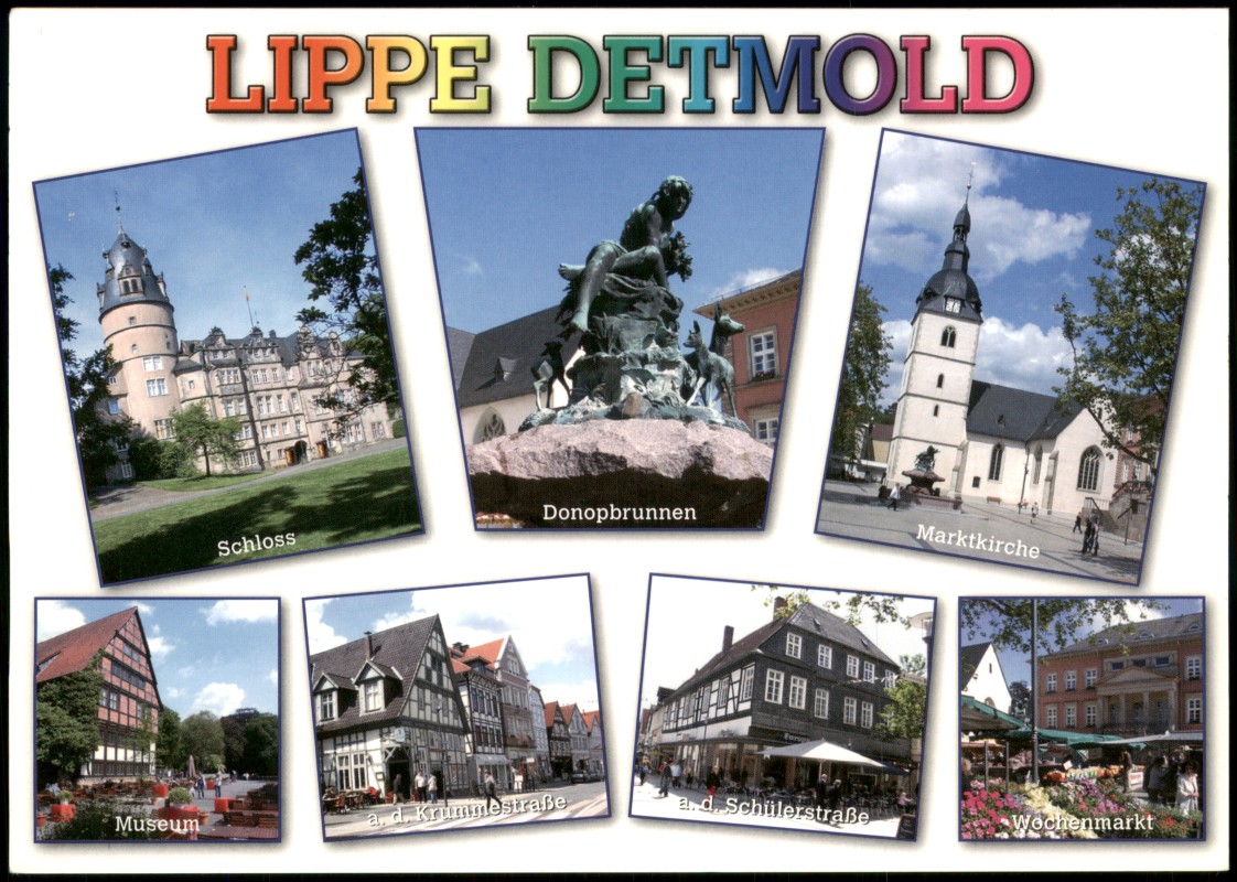 vergrößern: Bildseite historische Ansichtskarte von 1998: Stadtteilansichten Lippe Detmold Museum Donopbrunnen Schloss Marktkirche a.d. Schülerstraße Wochenmarkt:: Detmold