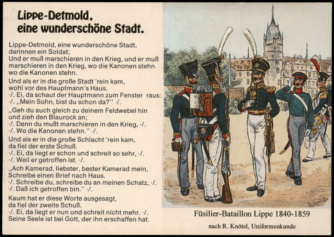 zoom: Image side vintage Postcard from 1990: Fürstliches Residenzschloss Detmold Zeichnung Bataillon Lippe 1840-1859 n. R. Knötel:: Detmold