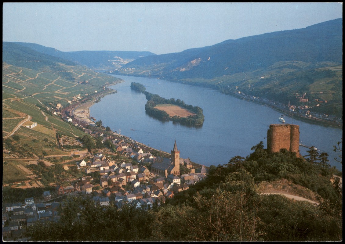zoom: Image side vintage Postcard from 1996: Panorama-Ansichten Lorch a. Rhein mit Ruine Nollich:: Lorch