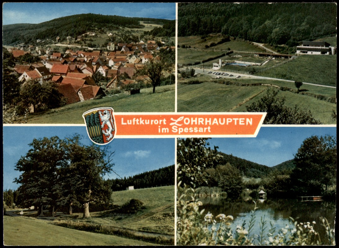 zoom: Image side vintage Postcard from 1975: Panorama-Ansichten Luftkurort LOHRHAUPTEN im Spessart Haus Eugenie Gasthaus u. Pension:: Lohrhaupten