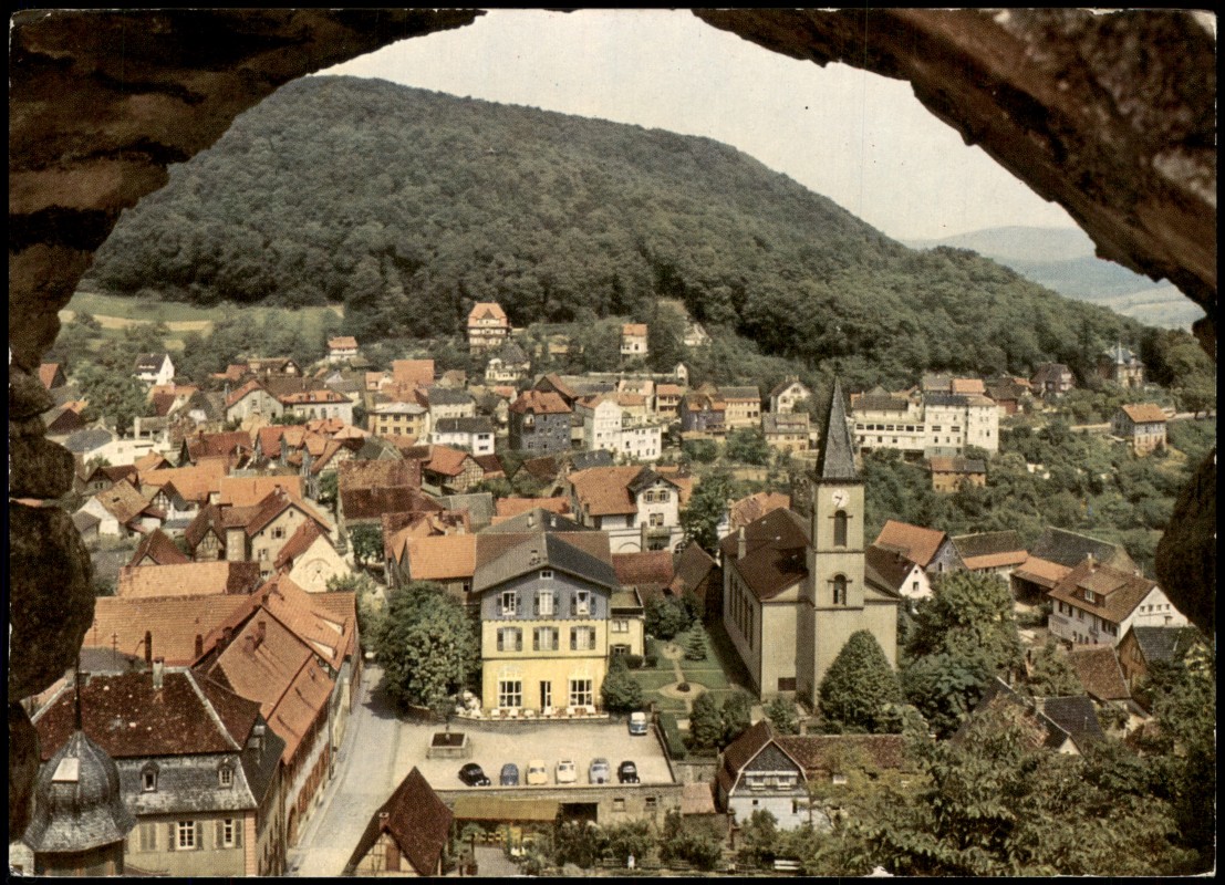 zoom: Image side vintage Postcard from 1959: Ansicht Höhenluftkurort Lindenfels die Perle des Odenwaldes Blick von der Burg:: Lindenfels (Bergstraße)