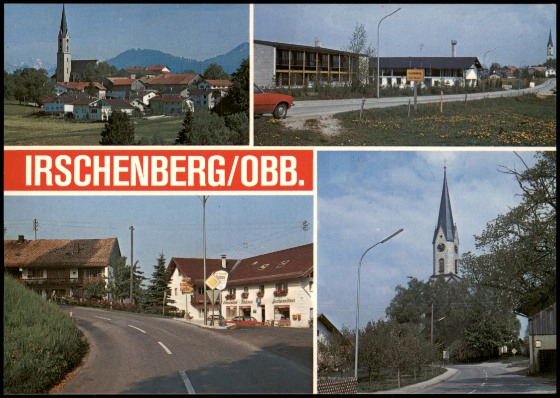 zoom: Image side vintage Postcard from 2000: Ortsansichten Irschenberg OBB Kirche Ortseingang Gasthof:: Irschenberg