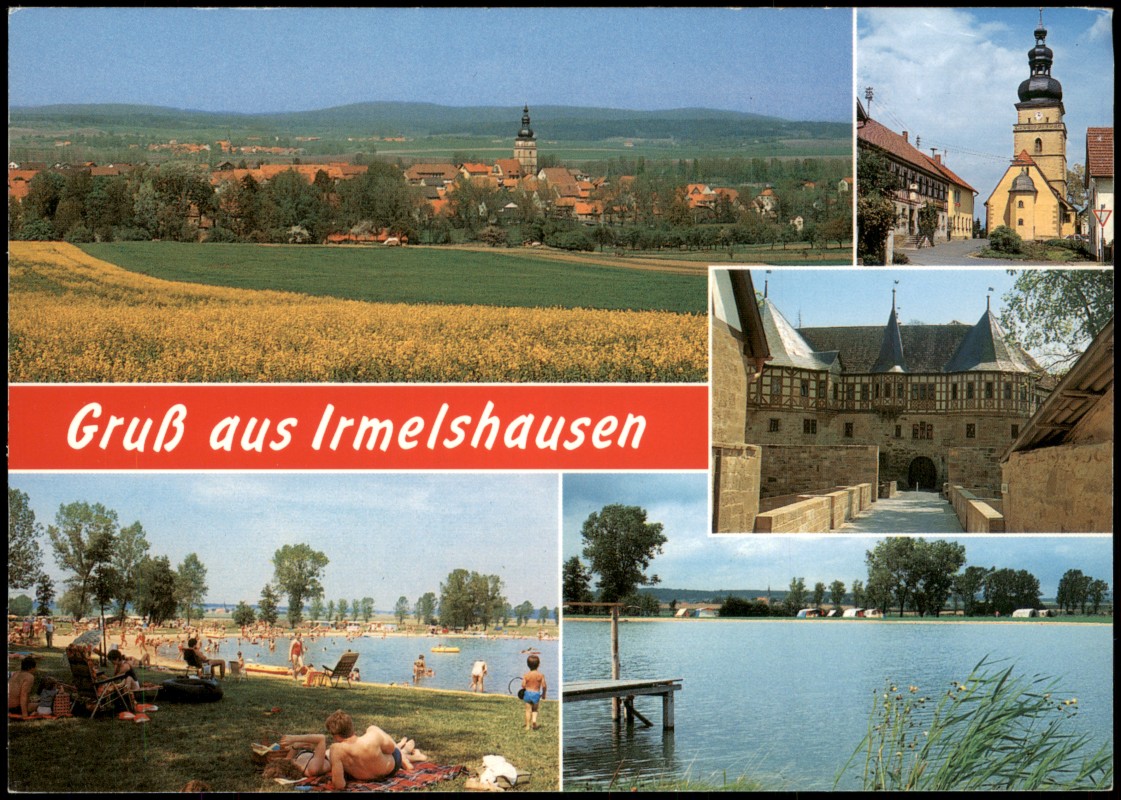zoom: Image side vintage Postcard from 2000: Ansichten Irmelshausen Burg Kirche Badesee Stadtansicht Panorama:: Irmelshausen-