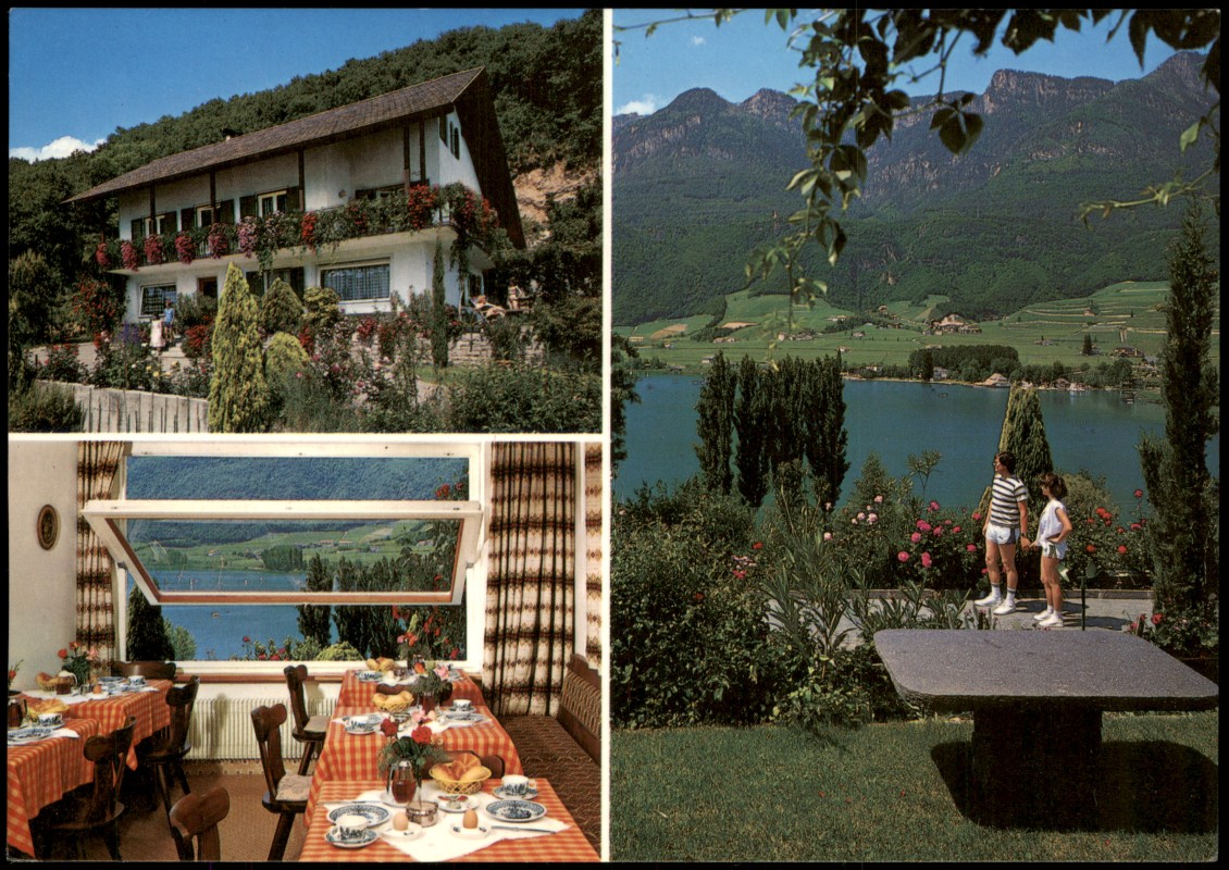 vergrößern: Bildseite historische Ansichtskarte von 1991: Frühstückspension FLORIAN KALTERN am SEE verschiedene Ansichten:: Kaltern an der Weinstraße