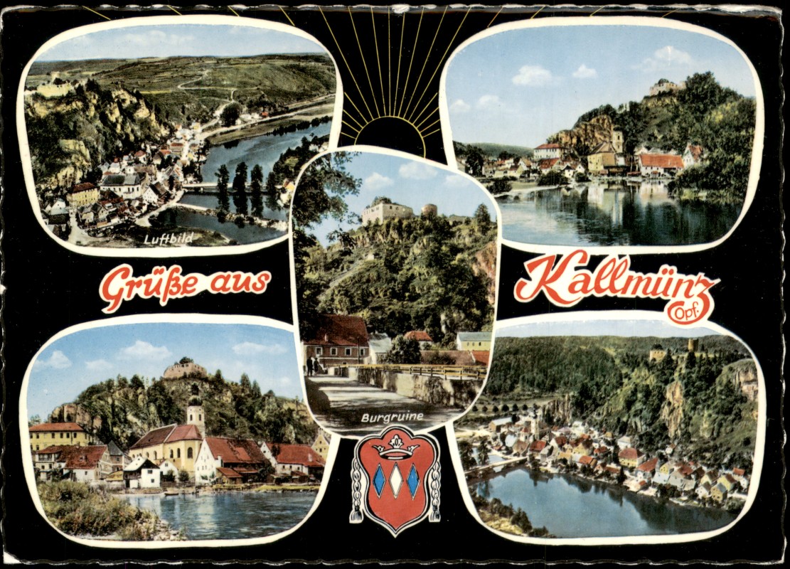 zoom: Image side vintage Postcard from 1965: Mehrbildkarte von Kallmünz mit Burgruine:: Kallmünz