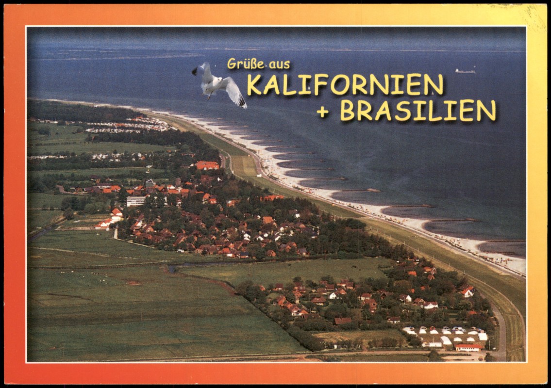vergrößern: Bildseite historische Ansichtskarte von 2010: Luftaufnahme von Kalifornien & Brasilien:: Kalifornien-Schönberg (Holstein)
