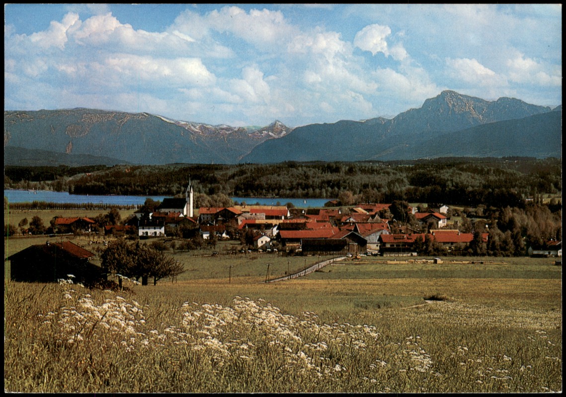 vergrößern: Bildseite historische Ansichtskarte von 1986: Panorama-Ansicht von Tettenhausen mit Waginger-See, Untersberg 1975 m & Hochstaufen 1772 m:: Tettenhausen-Waging am See