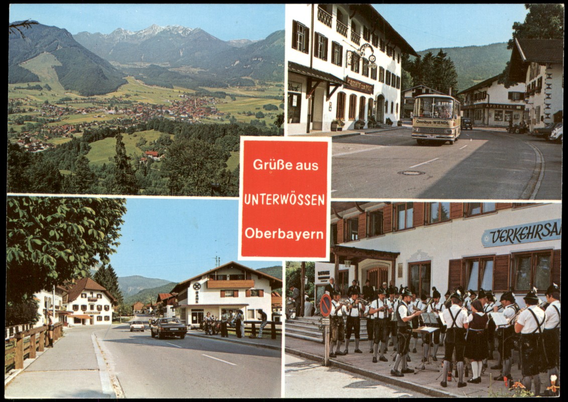 zoom: Image side vintage Postcard from 1990: Mehrbildkarte von Unterwössen, Straßen- und Panorama-Ansicht:: Unterwössen