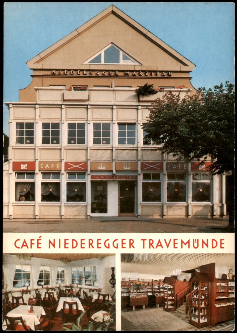 zoom: Image side vintage Postcard from 1985: Mehrbildkarte vom Café und Konditorei Niederegger, Ansicht & Gastraum:: Travemünde-Lübeck