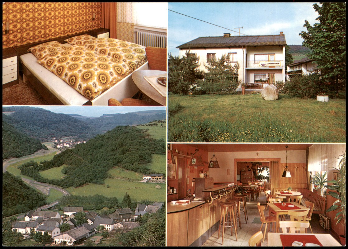 vergrößern: Bildseite historische Ansichtskarte von 1978: Pension Lindenhof Zimmer Gastraum:: Gräfendhron-Thalfang