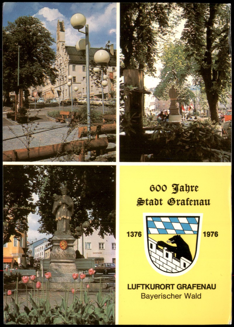 vergrößern: Bildseite historische Ansichtskarte von 1976: Ortsansichten, 600 Jahre Stadt Grafenau:: Grafenau (Niederbayern)