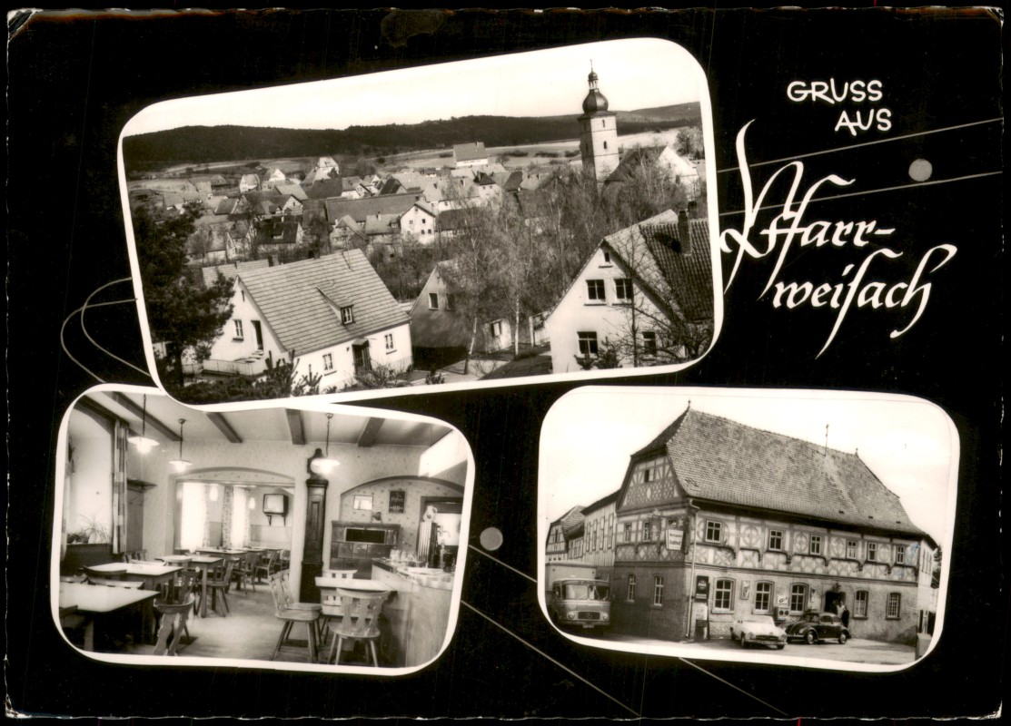 zoom: Image side vintage Postcard from 1966: Ansichten Gasthof Metzgerei Karl Mildenberger Pfaffweisach:: Pfarrweisach