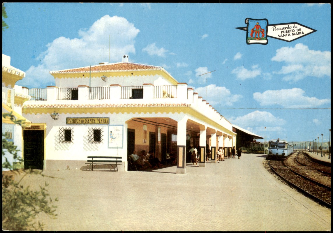 zoom: Image side vintage Postcard from 1965: Bahnhofsgebäude mit Bahnsteig und Triebwagen:: El Puerto de Santa María