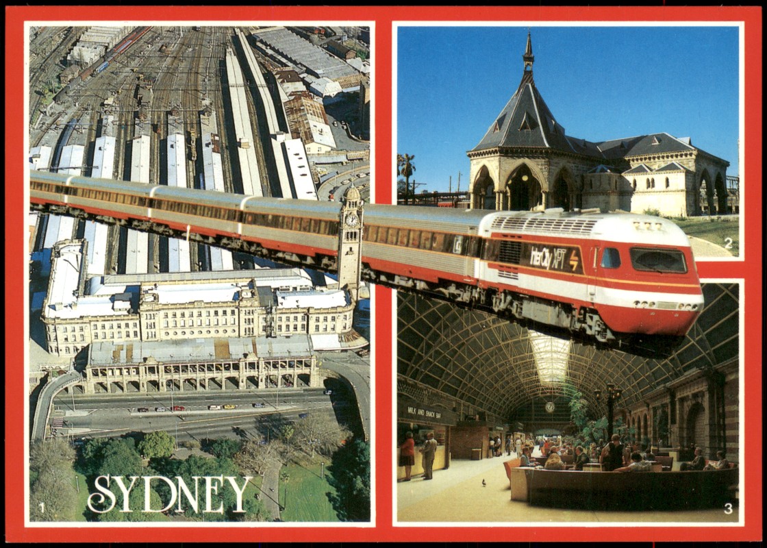 vergrößern: Bildseite historische Ansichtskarte von 1999: MB: Bahnhof Luftbild Zug:: Sydney
