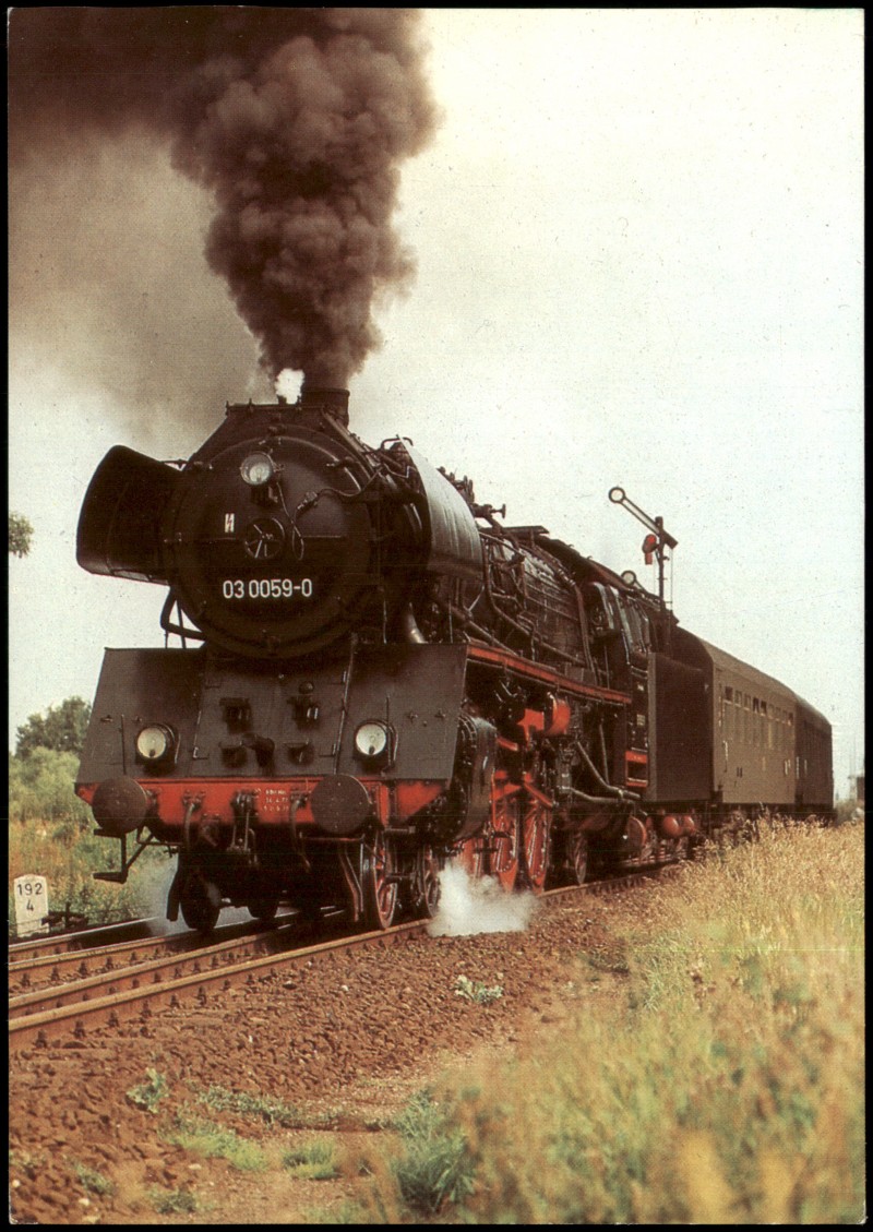 zoom: Image side vintage Postcard from 1983: Eisenbahn Dampflokomotive 03 0059 mit D 555::