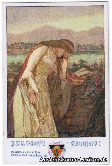 zoom: Image side vintage Postcard from 1923: J.D.V. Scheffel - Ekkchard - Da neigt die stolze Frau ihr Haupt und weinte bitterlich::
