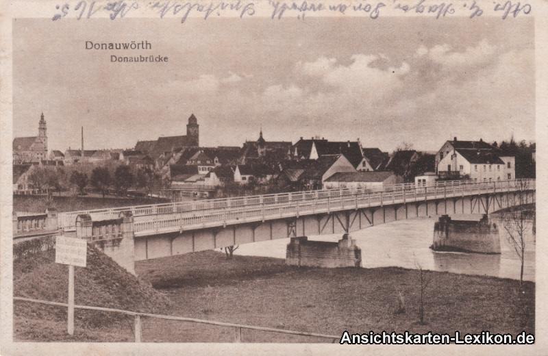 zoom: Image side vintage Postcard from 1928: Totale mit Donaubrücke:: Donauwörth