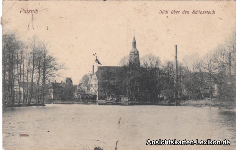 vergrößern: Bildseite historische Ansichtskarte von 1916: Blick über den Schloßteich:: Pulsnitz