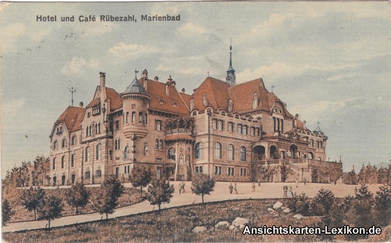 zoom: Image side vintage Postcard from 1913: Hotel und Cafe Rübezahl:: Mariánské Lázně