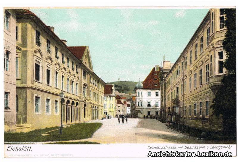 vergrößern: Bildseite historische Ansichtskarte von 1911: Residenzstrasse mit Bezirksamt und Landgericht:: Eichstätt