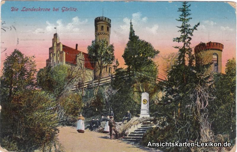 vergrößern: Bildseite historische Ansichtskarte von 1917: Partie an der Landeskrone mit Gedenkstein:: Görlitz