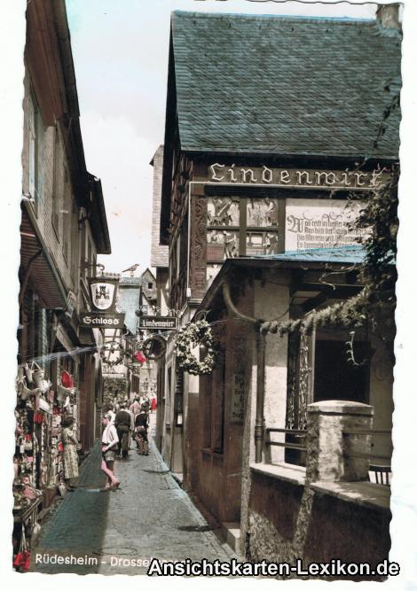zoom: Image side vintage Postcard from 1964: Drosselgasse mit Lindenwirt:: Rüdesheim (Rhein)