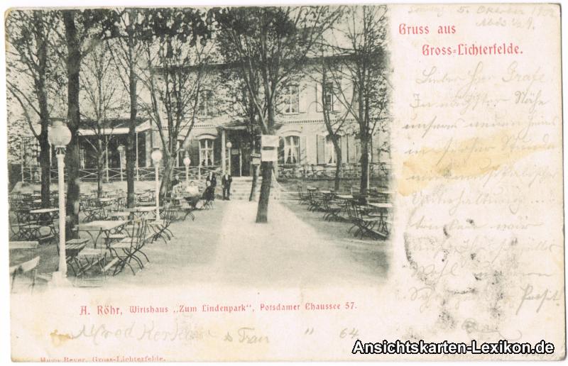 zoom: Image side vintage Postcard from 1902: Wirtshaus zum Lindenpark (Potsdamer Chaussee 57):: Lichterfelde-Berlin
