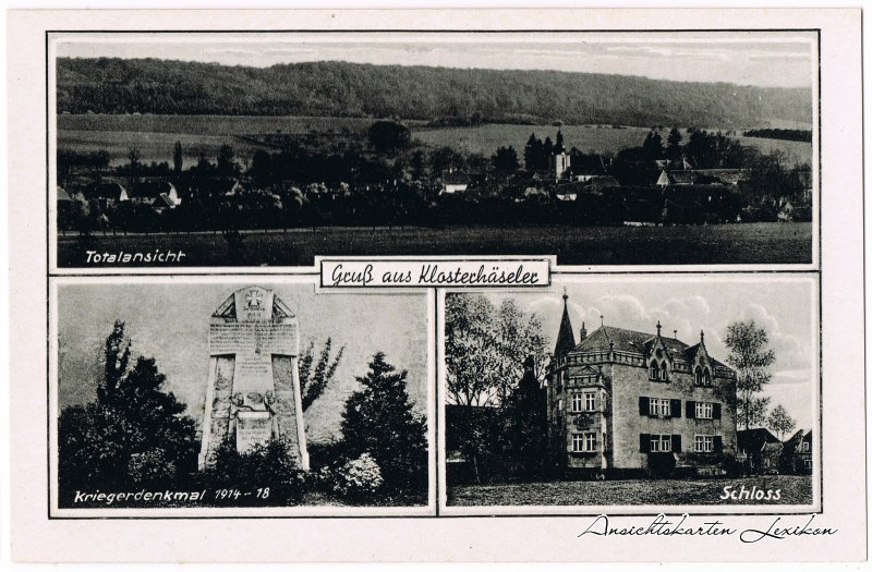 zoom: Image side vintage Postcard from 1939: 3 Bild: Totale, Kriegerdenkmal und Schloß:: Klosterhäseler