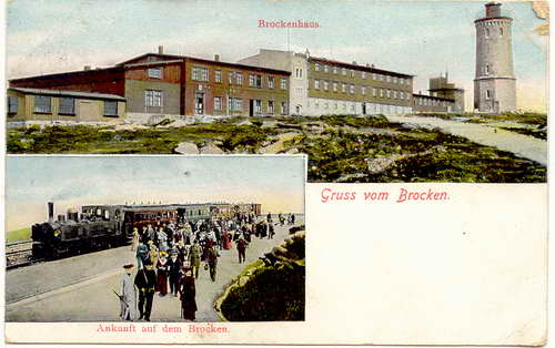 zoom: Image side vintage Postcard from 1911: Brockenhaus, Ankunft auf dem Brocken:: Ilsenburg (Harz)