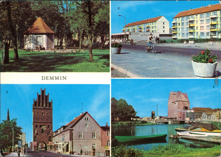 vergrößern: Bildseite historische Ansichtskarte von 1977: Marienhain, Neubauten am Markt, Luisentor, Hafen:: Demmin