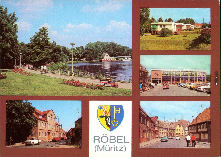 vergrößern: Bildseite historische Ansichtskarte von 1981: An der Promenade, FDGB-Erholungsheim Müritzterrasse, FDGB-Urlaubersiedlung Central mit Gaststätte, Straße des Friedens:: Röbel/Müritz