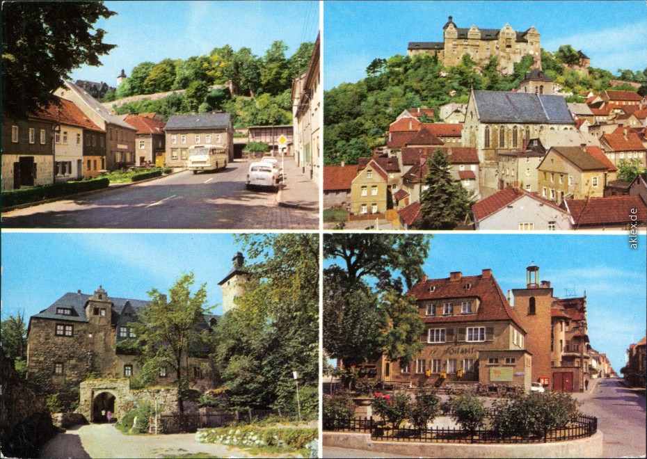 vergrößern: Bildseite historische Ansichtskarte von 1980: Straße des Friedens, Burg und Gaststätte "Ritterstall", Burgeingang, Postamt:: Ranis