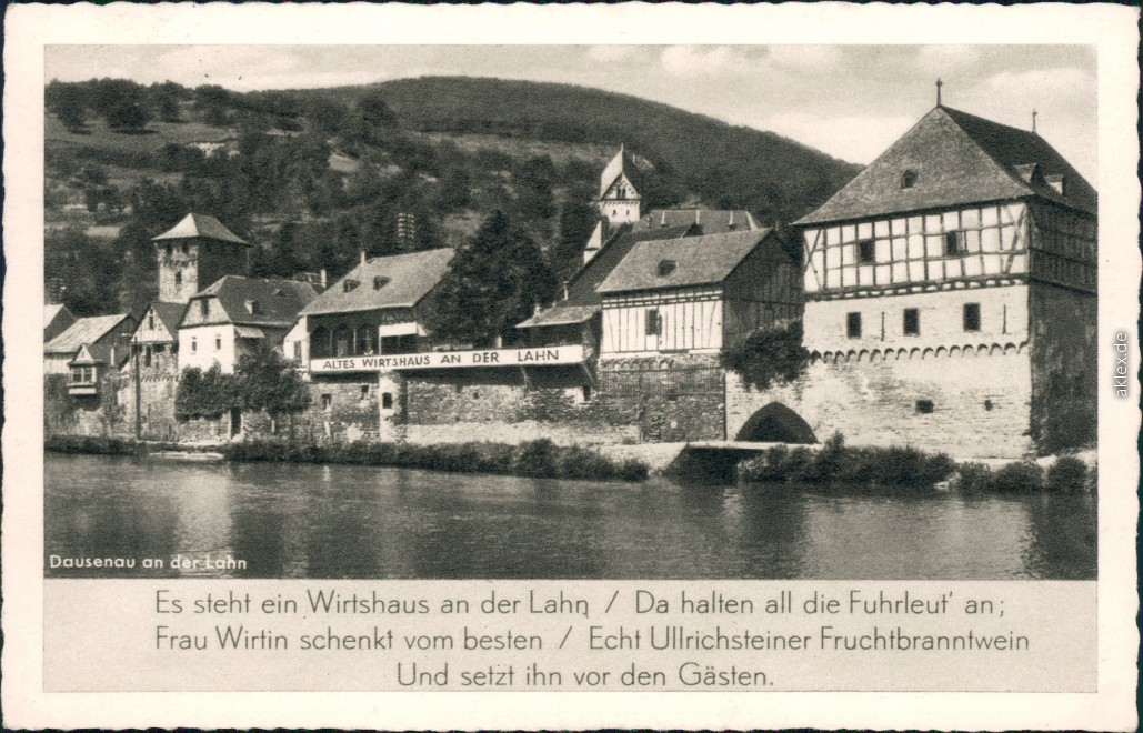 vergrößern: Bildseite historische Ansichtskarte von 1956: Altes Wirtshaus an der Lahn:: Dausenau