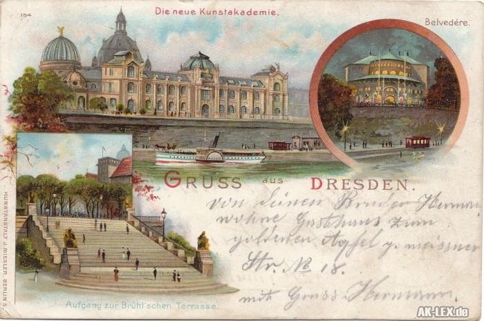 vintage Postcard from 1897: Litho AK 3Bild Kunstakademie - Brühlsche Terrasse u Belvedere gel. 1897:: Dresden