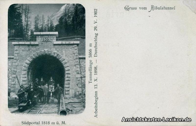 vintage Postcard from 1902: Gruss vom Albulatunnel: Südportal:: La Punt-Chamues-ch