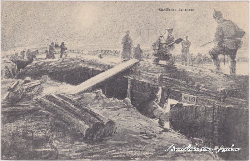 vintage Postcard from 1916: Nächtliches Schanzen:: 