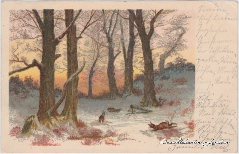 vintage Postcard from 1901: Künstlerkarte Hasen im Winterwald:: 