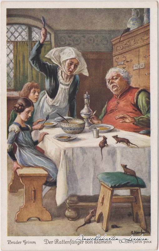vintage Postcard from 1927: Der Rattenfänger von Hameln (O. Herrfurth), Mäuse:: Hameln