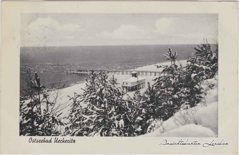 vintage Postcard from 1937: Blick auf den Strand im Winter mit Seebrücke:: Ückeritz (Usedom)