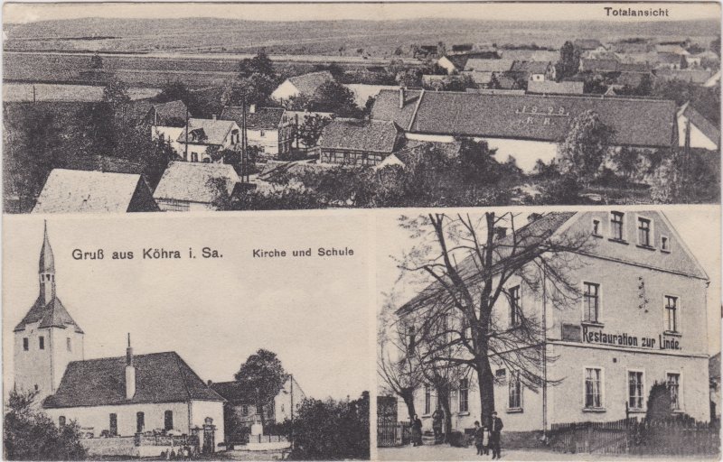 vintage Postcard from 1916: 3 Bild: Totale, Kirche - Schule und Gasthaus:: Köhra-Belgershain
