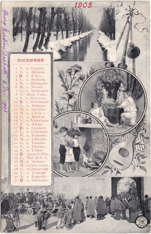 vintage Postcard from 1905: Mehrbild mit Kalenderblatt: verschneiter Fluß, Bescherung, Gruppe Menschen vor Tor:: 