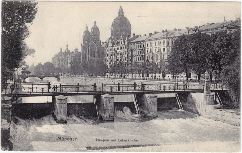 vintage Postcard from 1907: Strasse - Iserquai und Lukaskirche:: Munich