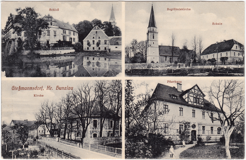 4 Bild Straße, Kirche, Schloß und Pfarrhaus Gießmannsdorf (Kr
