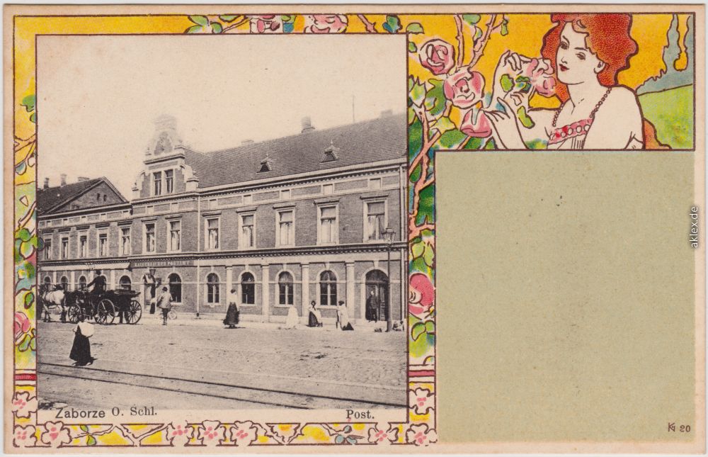 vintage Postcard from 1906: Jugendstilkünstlerkarte: Straße und Post:: Zaborze-Zabrze