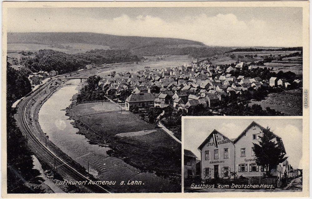 vintage Postcard from 1934: 2 Bild: Totale und Gasthaus zum Deutschen Haus:: Aumenau-Villmar