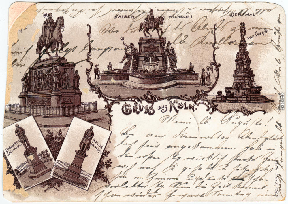 vintage Postcard from 1898: Kaiser Wilhelm Denkmal, Bismarck, Moltke, Jan von Werth:: Cologne